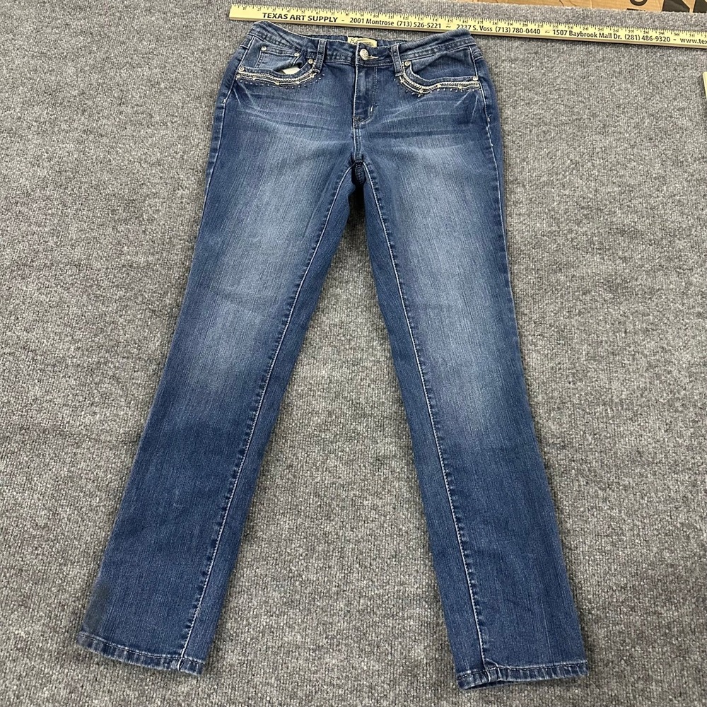 Earl Jean Jeans Womens Size 8 Blue Rhinestone Embellished Lace Straight Leg